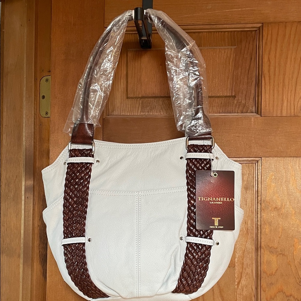 Tignanello White Leather Shoulder Bag with Brown Braided Straps NWT